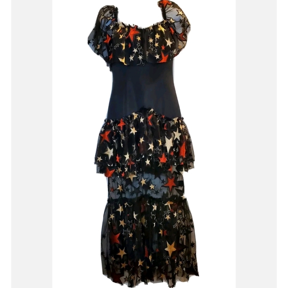 Kalmanovich Black Gold Red Star Dress Sheer Skirt Womens 2